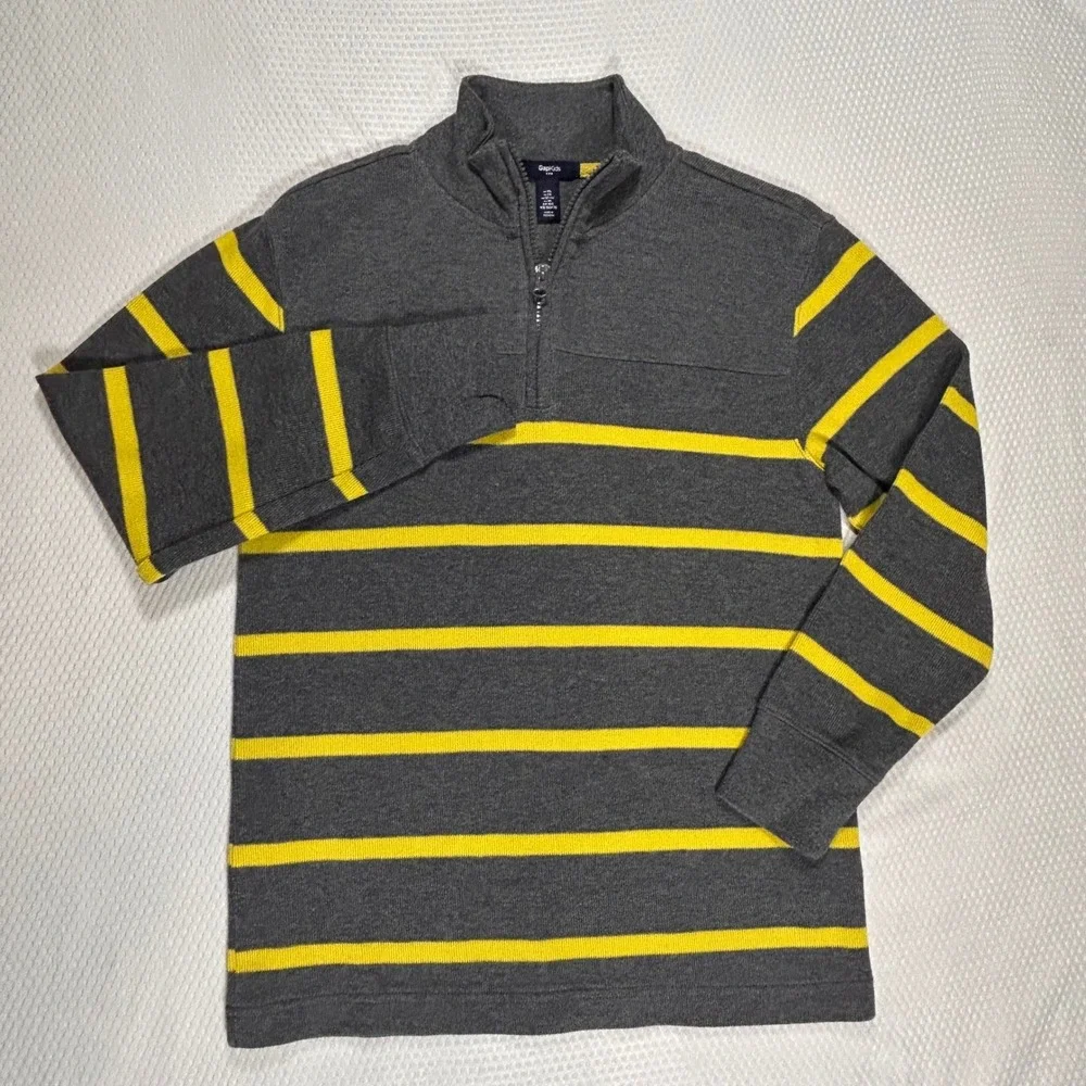 Gap Kids Quarter Zip Pullover Sweater Boys XL 12 Gray Yellow Striped Knit Preppy